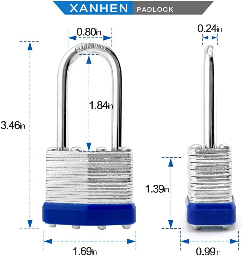 XanHen Laminated Steel Padlocks, 24 Pack, Blue, Keyed Alike, Long Shackle, for Hasp Latch, Sheds, Fences, Lockers, Schools, Gyms - Image 2